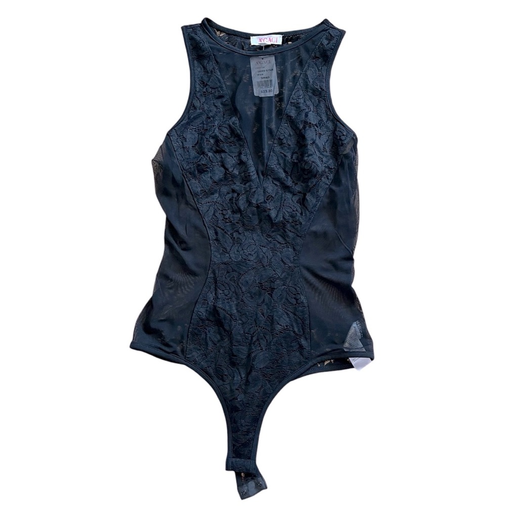 NWT A’Gaci Black lace & mesh bodysuit S floral lace sexy body suit club festival